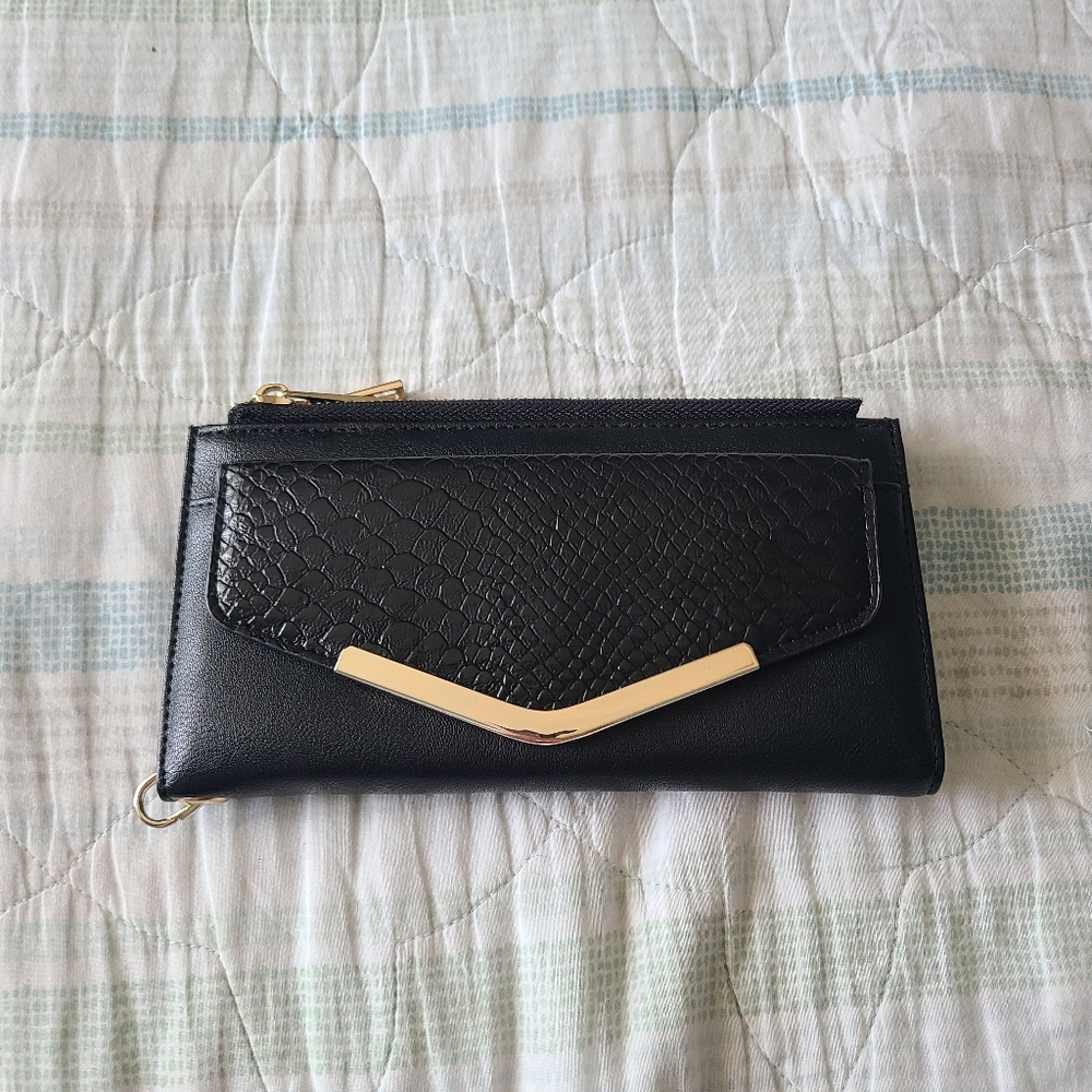 Art deco gold trimmed envelope black clutch organizer wallet